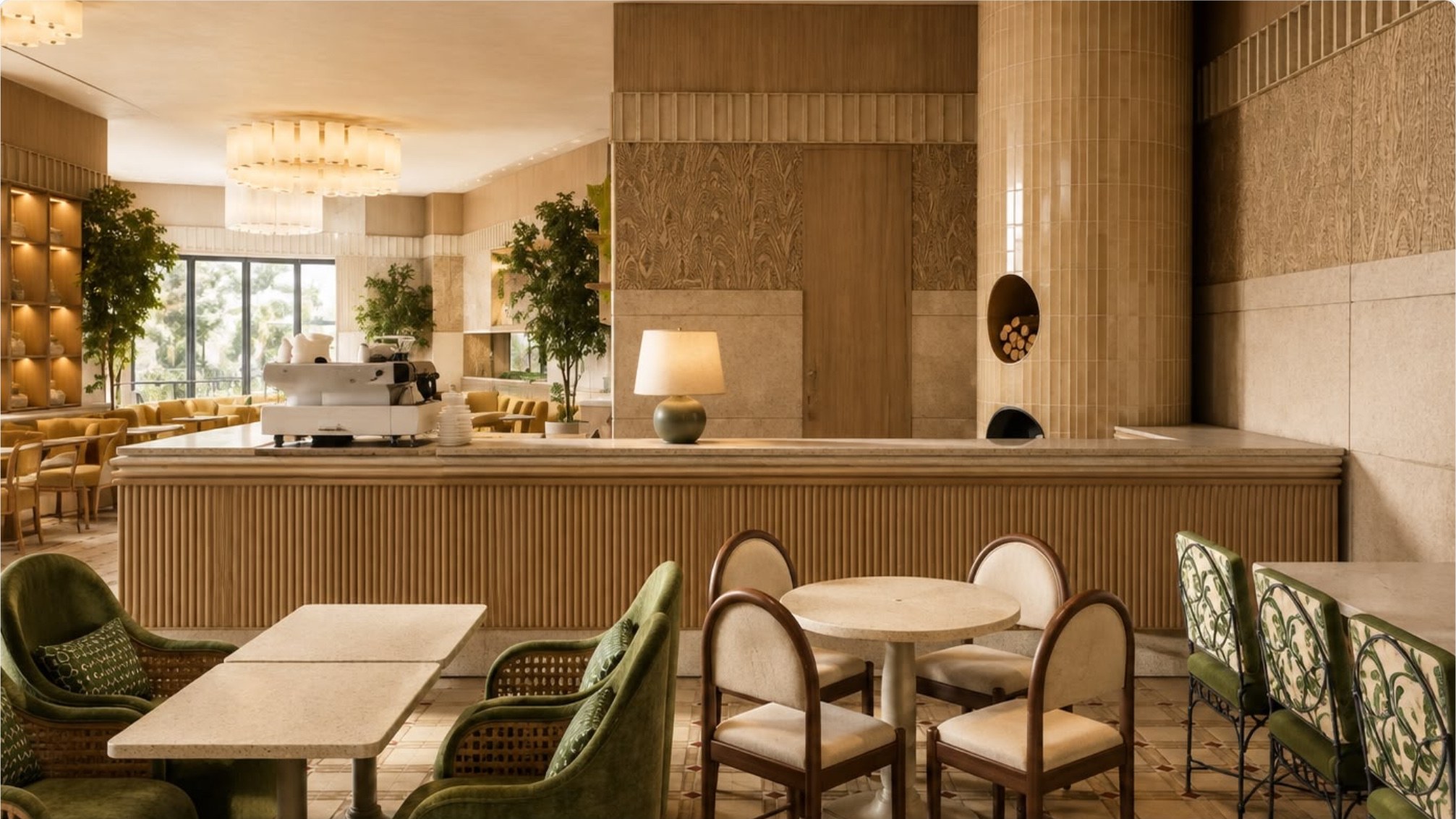 Travertine garden café with fluted stone counter and planted volumes