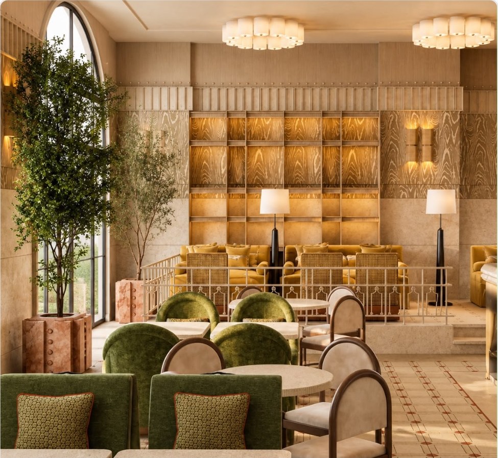 Back-lit veneer display shelving and lounge seating