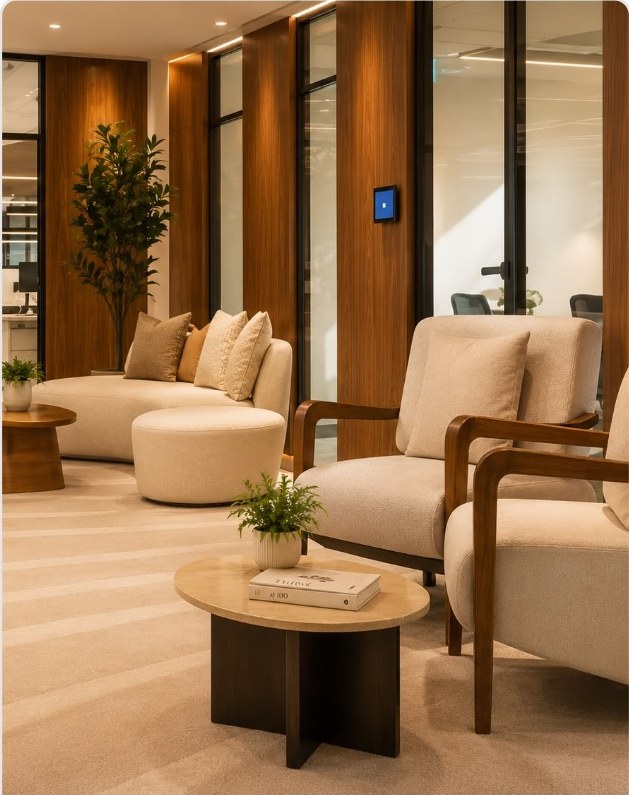 Lounge area with cast-stone planter volumes