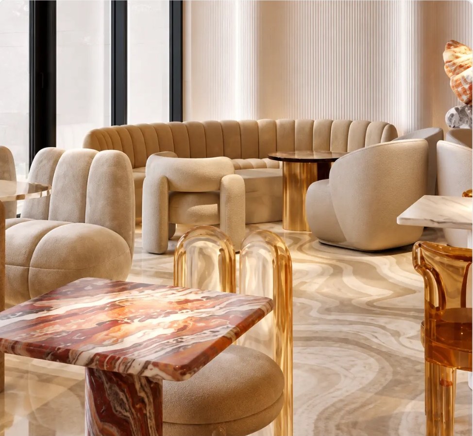 Book-matched stone table top and sculptural seating detail