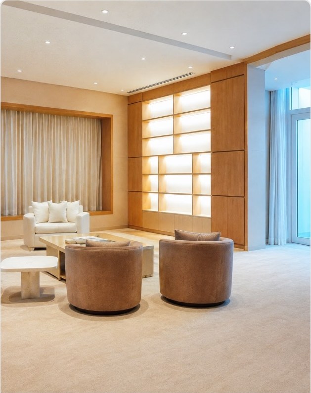 Living area with recessed ceiling rafts and cove lighting