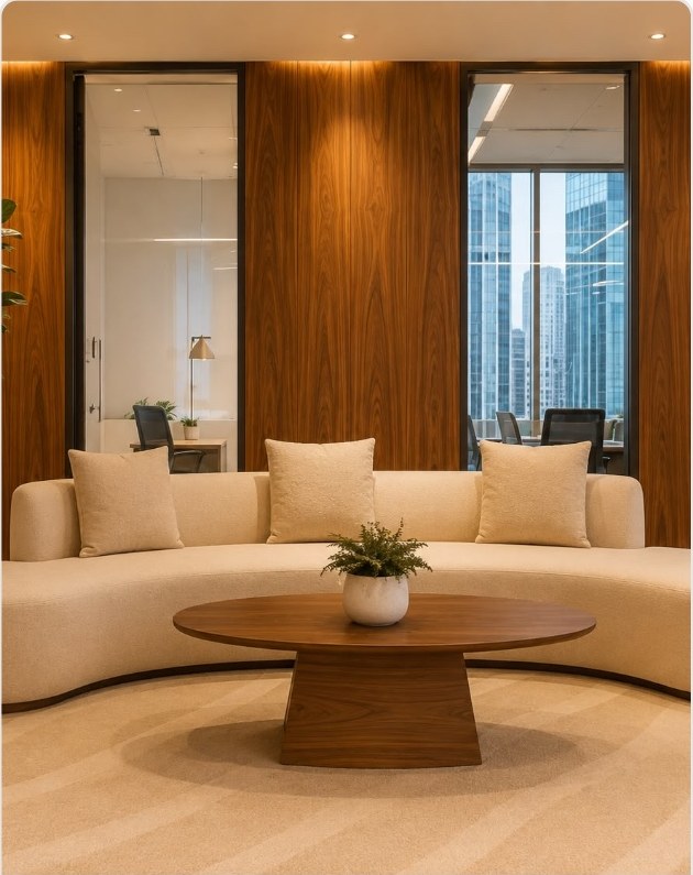 Curved reception seating with concealed cove lighting