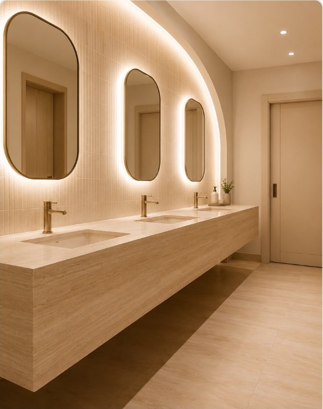 Arched fluted-tile washroom with floating travertine vanity