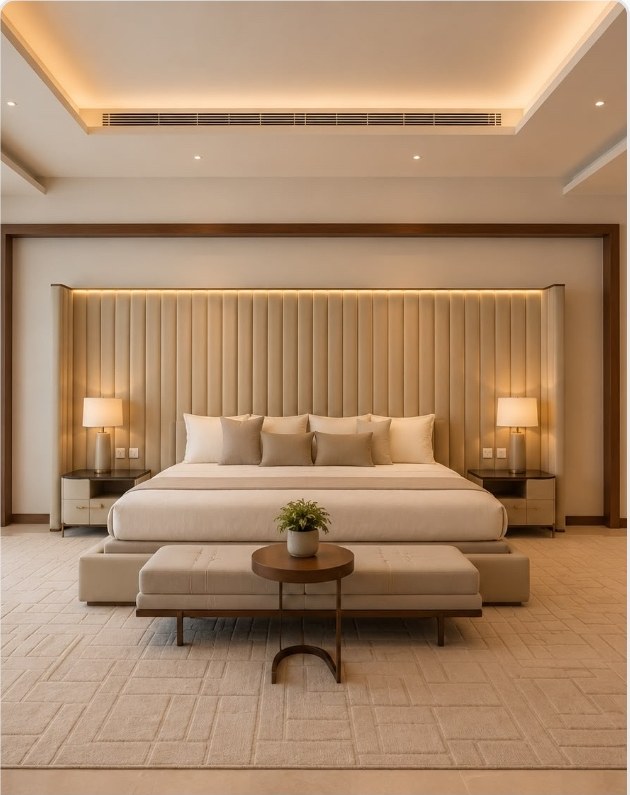 Master bedroom with fluted upholstered bed-head wall
