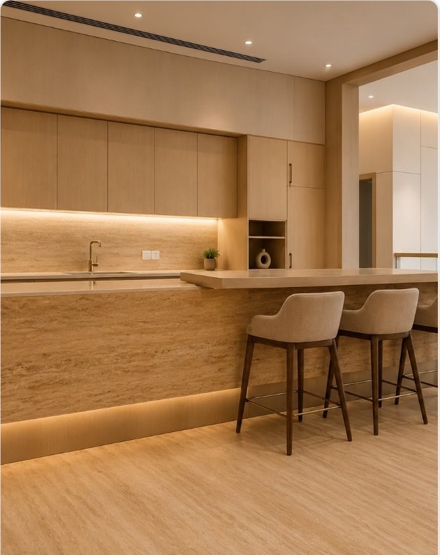 Travertine-clad pantry island with back-lit splashback