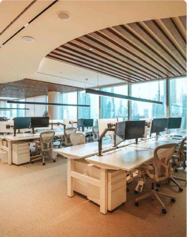 Open-plan workspace beneath slatted timber ceiling features